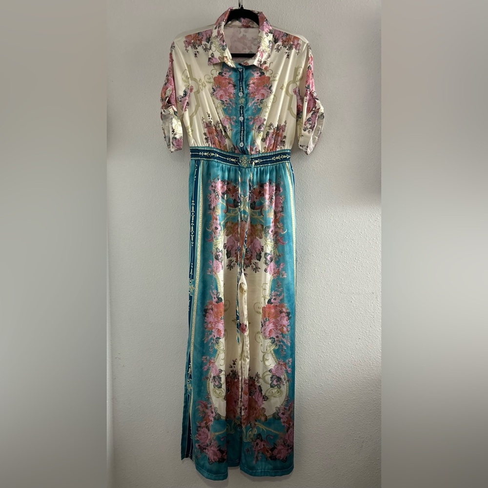 Floral Silk-Feel Button-Front Jumpsuit